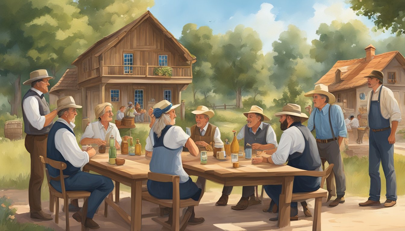 A group of Texas German speakers gather in a rural setting, conversing in their distinct dialect, surrounded by traditional German architecture and cultural elements