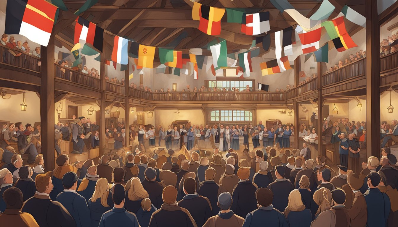 A group of German singing societies gather in a traditional beer hall, surrounded by flags and banners, with a stage for performances