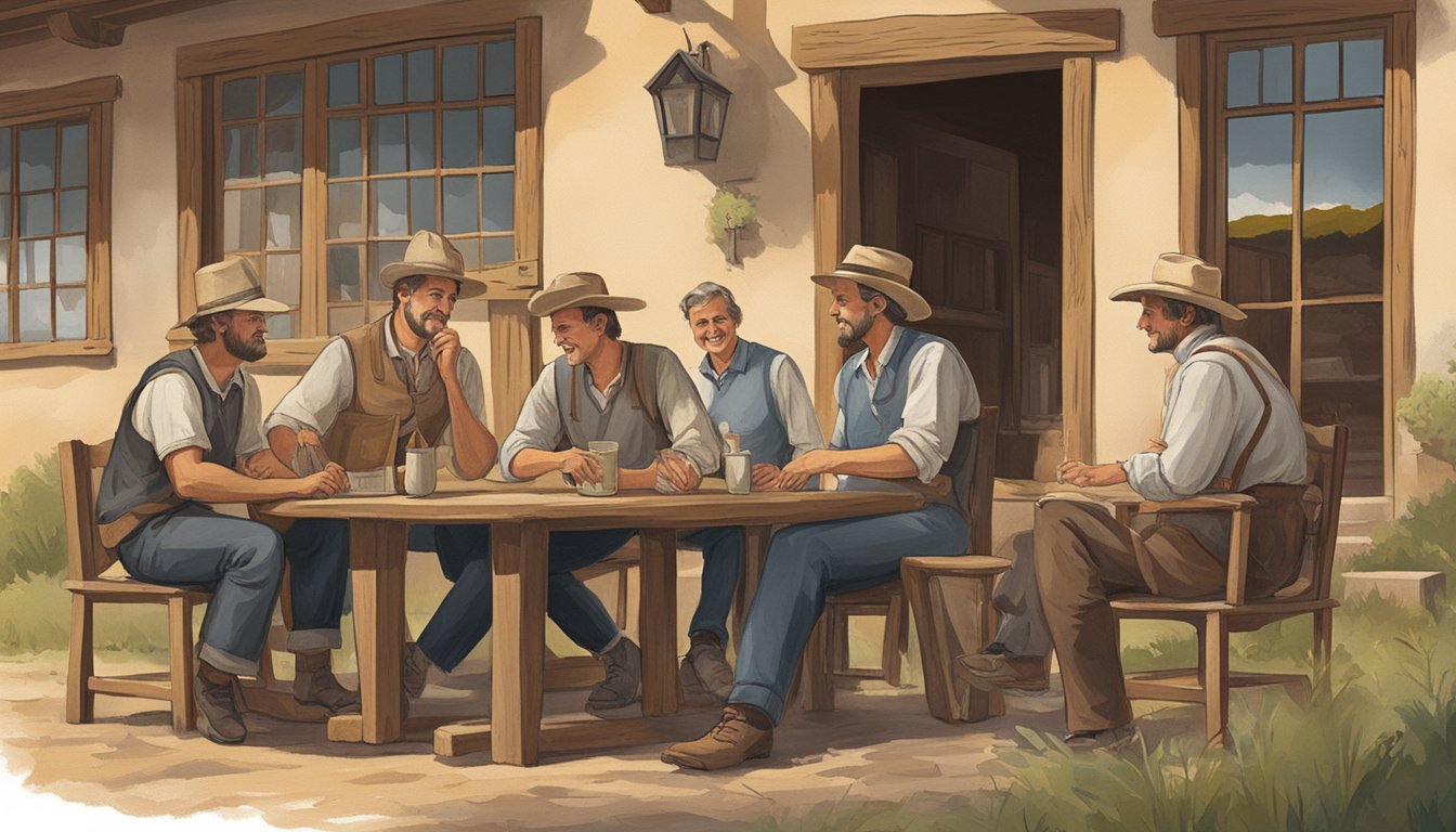 A group of Texas German speakers converse in a rustic, rural setting, surrounded by rolling hills and traditional German architecture