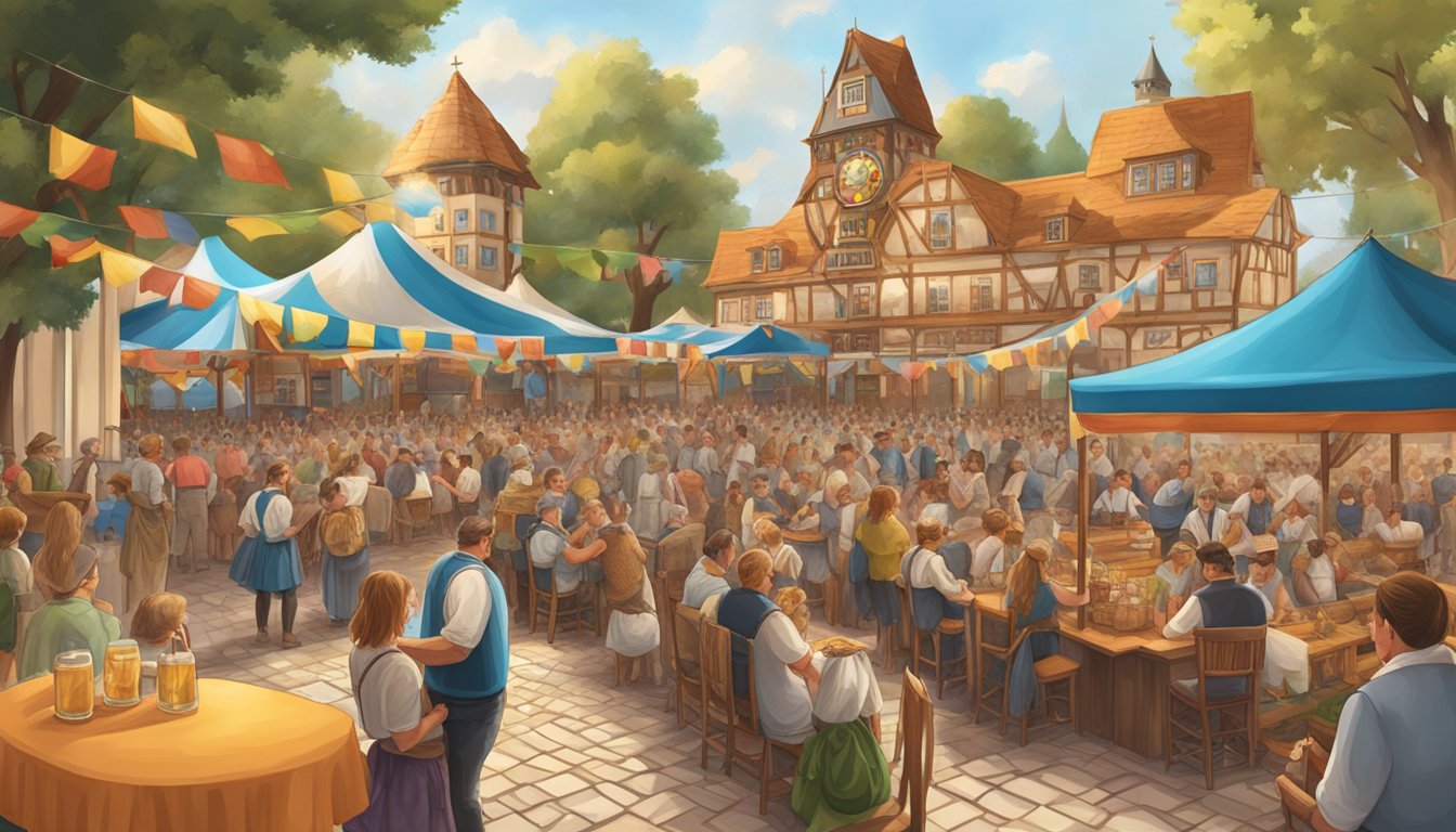 A vibrant Oktoberfest celebration in Texas, with traditional German architecture preserved in the background