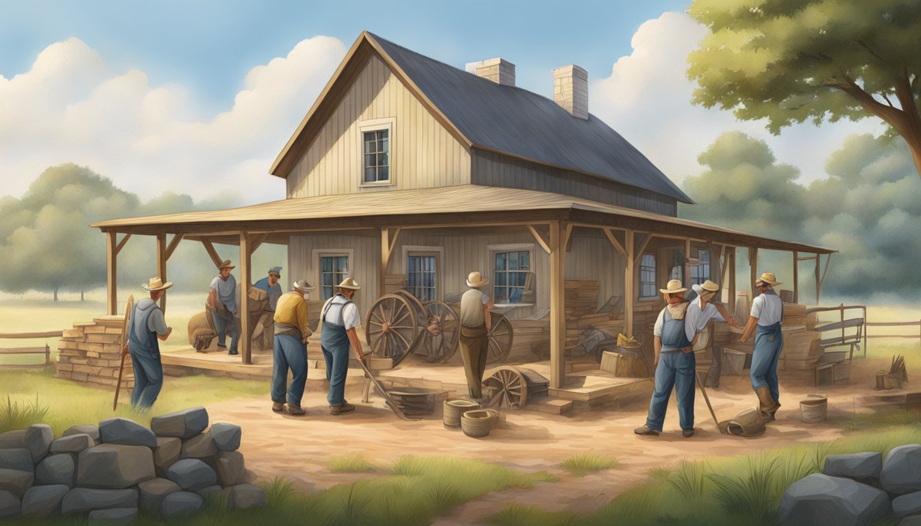 A group of German Texans building a traditional Texas farmhouse