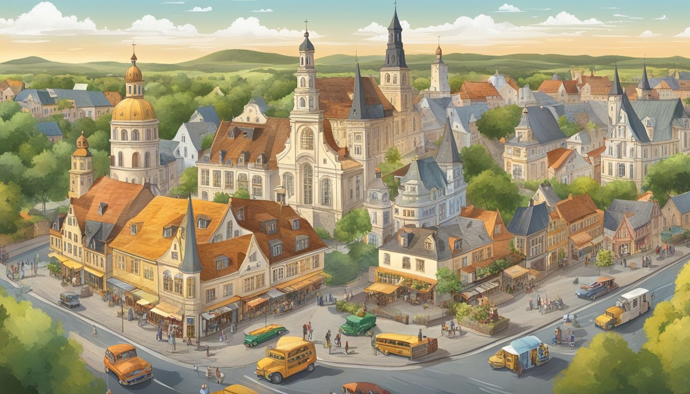 Rolling Texas landscape with German-named towns and cities, a mix of old and modern architecture, and people engaging in traditional German activities