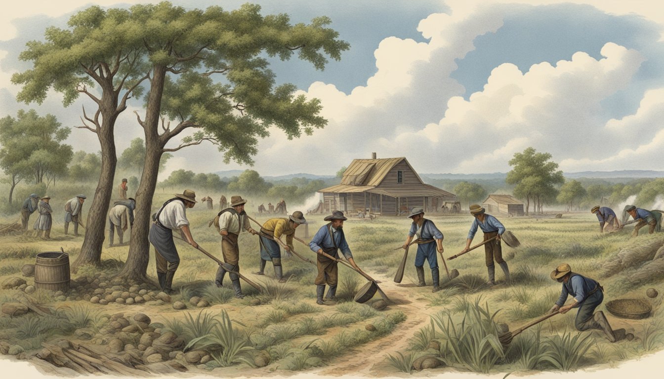 German settlers clearing land, building homes, and cultivating crops in the Texas wilderness