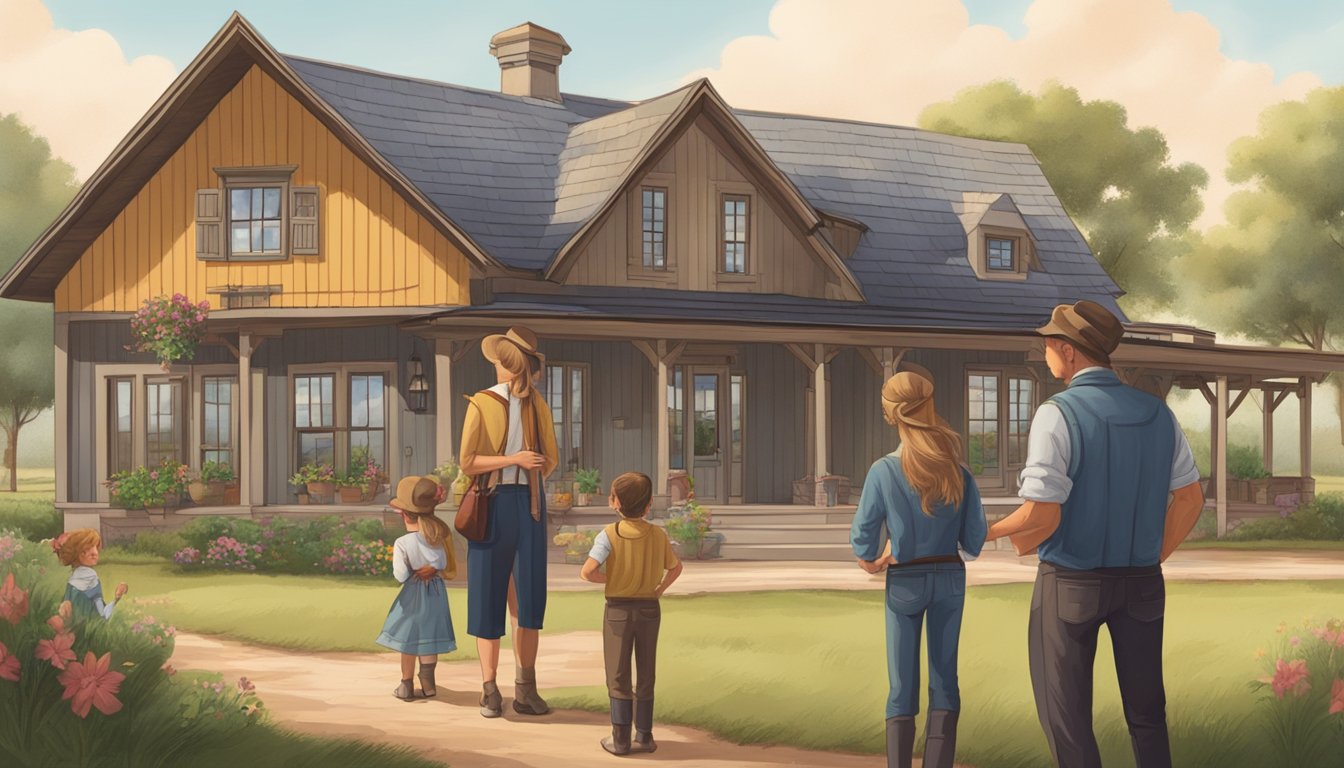 A modern German family stands in front of a traditional Texas ranch house, symbolizing the legacy of German immigration to the state