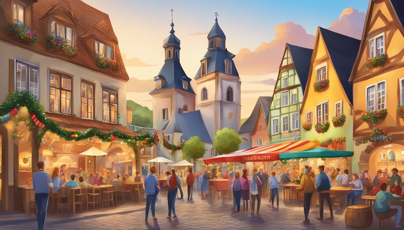 A festive scene with traditional German architecture and colorful decorations, showcasing a lively cultural event in a Texan town with German place names