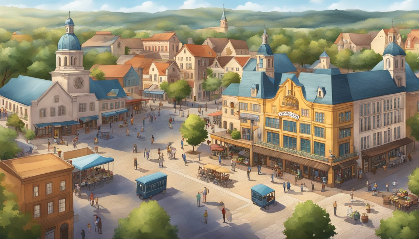 A lively Texas town square with German-inspired architecture and signage, surrounded by rolling hills and filled with the sounds of traditional German music