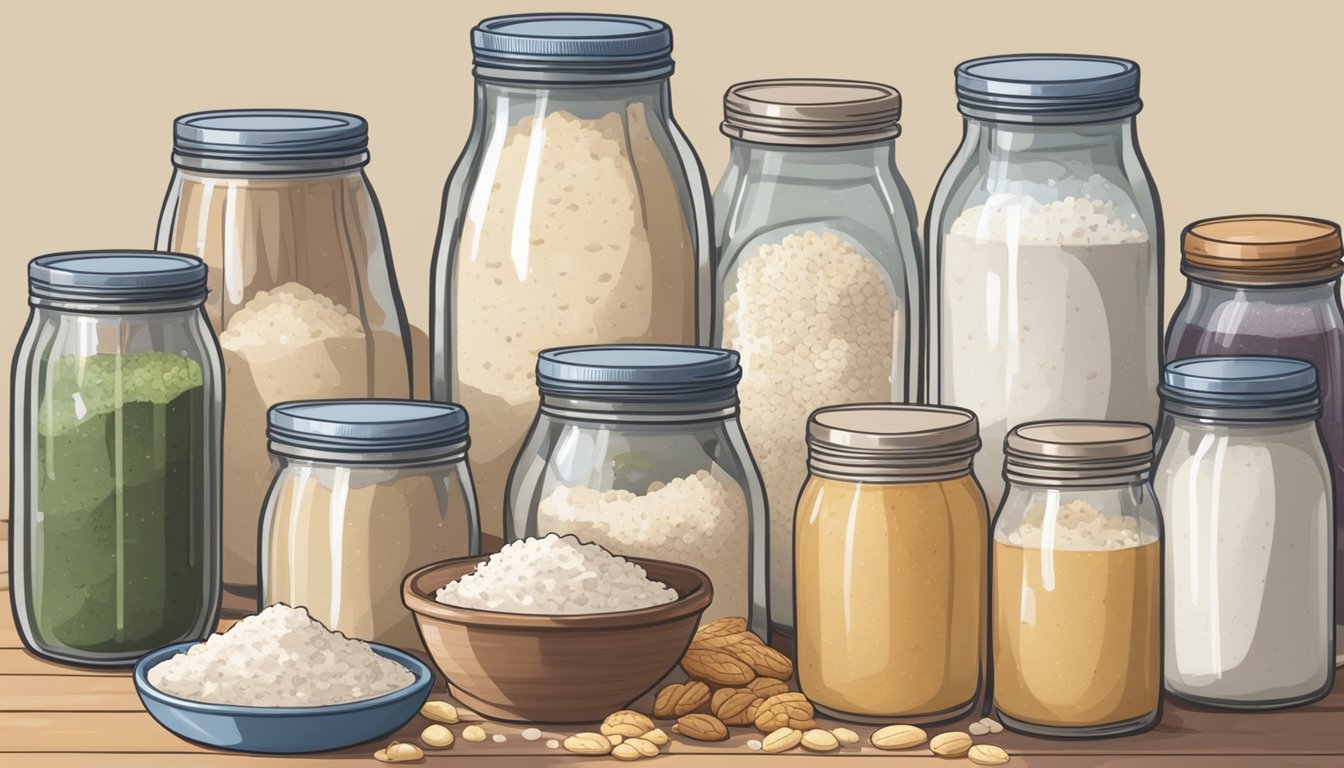 A glass jar filled with bubbling sourdough starter sits next to a pile of flour and a bowl of water, surrounded by various jars of fermented foods