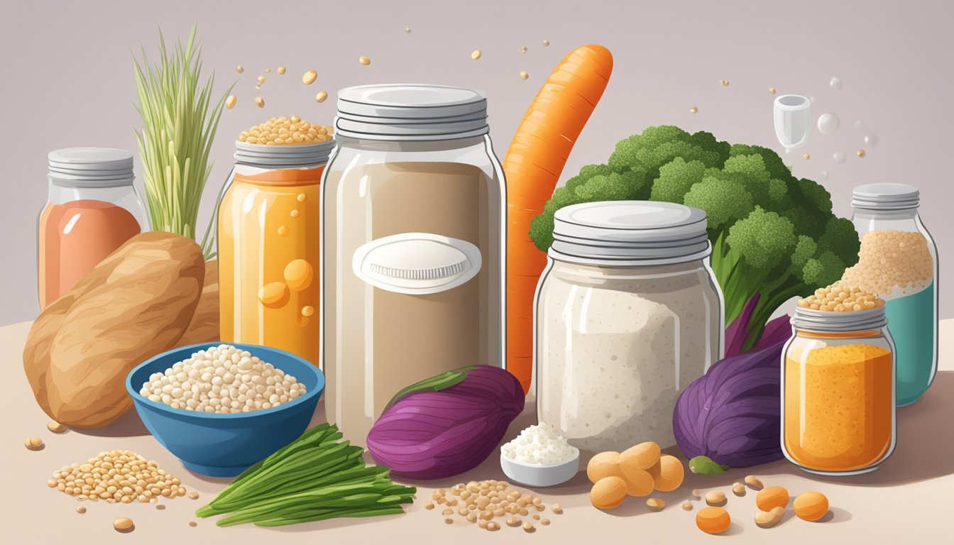 A jar of bubbling sourdough starter sits next to a collection of colorful vegetables and a variety of grains, all surrounded by a scattering of probiotic capsules