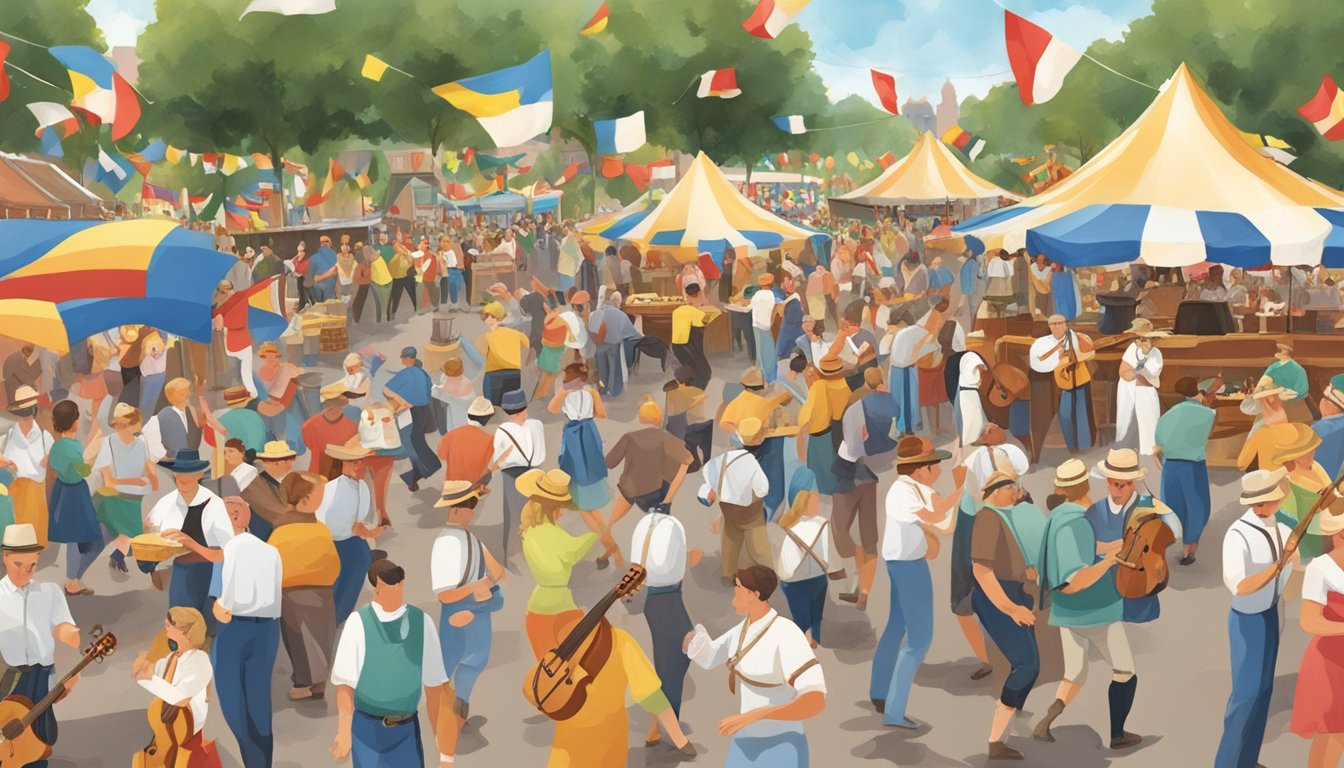 A lively scene at a Texas festival with traditional German music, food, and dancing. Flags and banners decorate the area, and people gather to celebrate