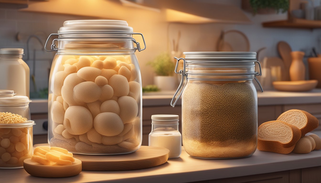 A bubbling jar of sourdough sits next to a diverse array of gut bacteria, surrounded by the warm glow of a kitchen