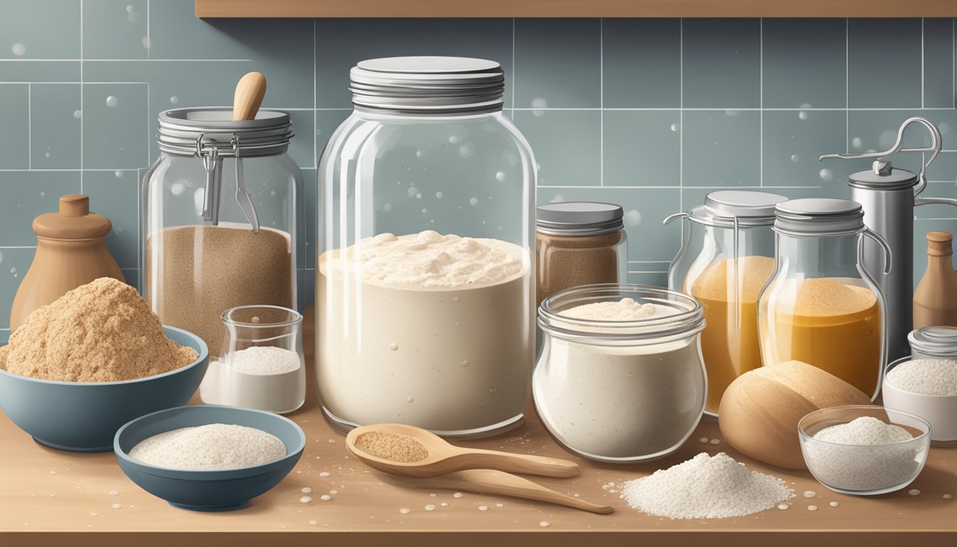 A sourdough starter sits on a kitchen counter, surrounded by various ingredients and utensils. The starter bubbles with microbial activity, symbolizing the interaction between sourdough and the gut microbiome