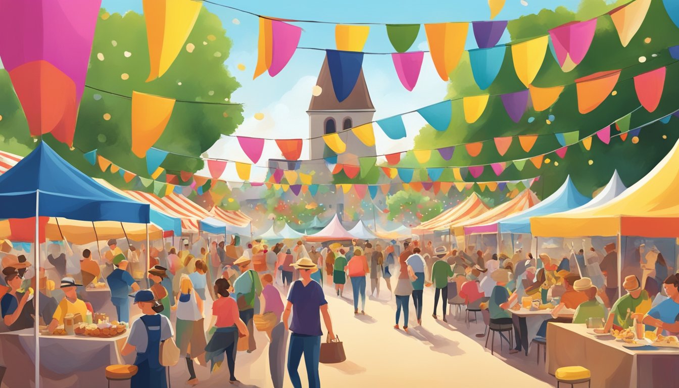 A lively German festival in Texas with colorful tents, traditional music, and people enjoying food and drinks