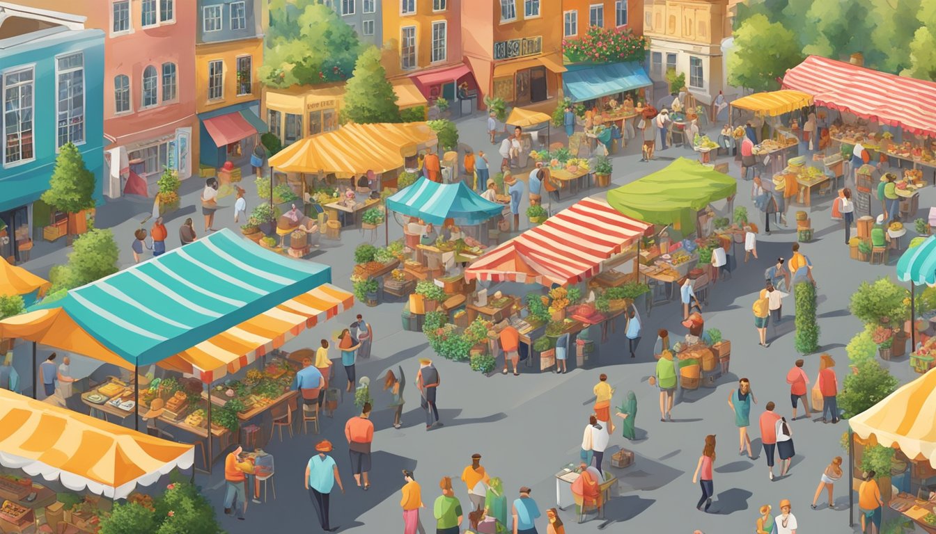 A colorful outdoor festival scene with food vendors, beer gardens, live music, and traditional German decorations