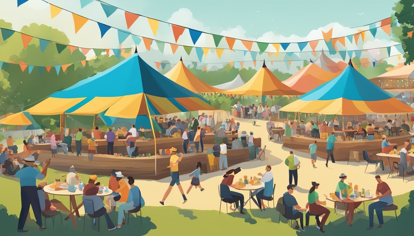 A lively outdoor scene with colorful tents, traditional German music, and people enjoying food and drinks at the Gemütlichkeit festival in Texas