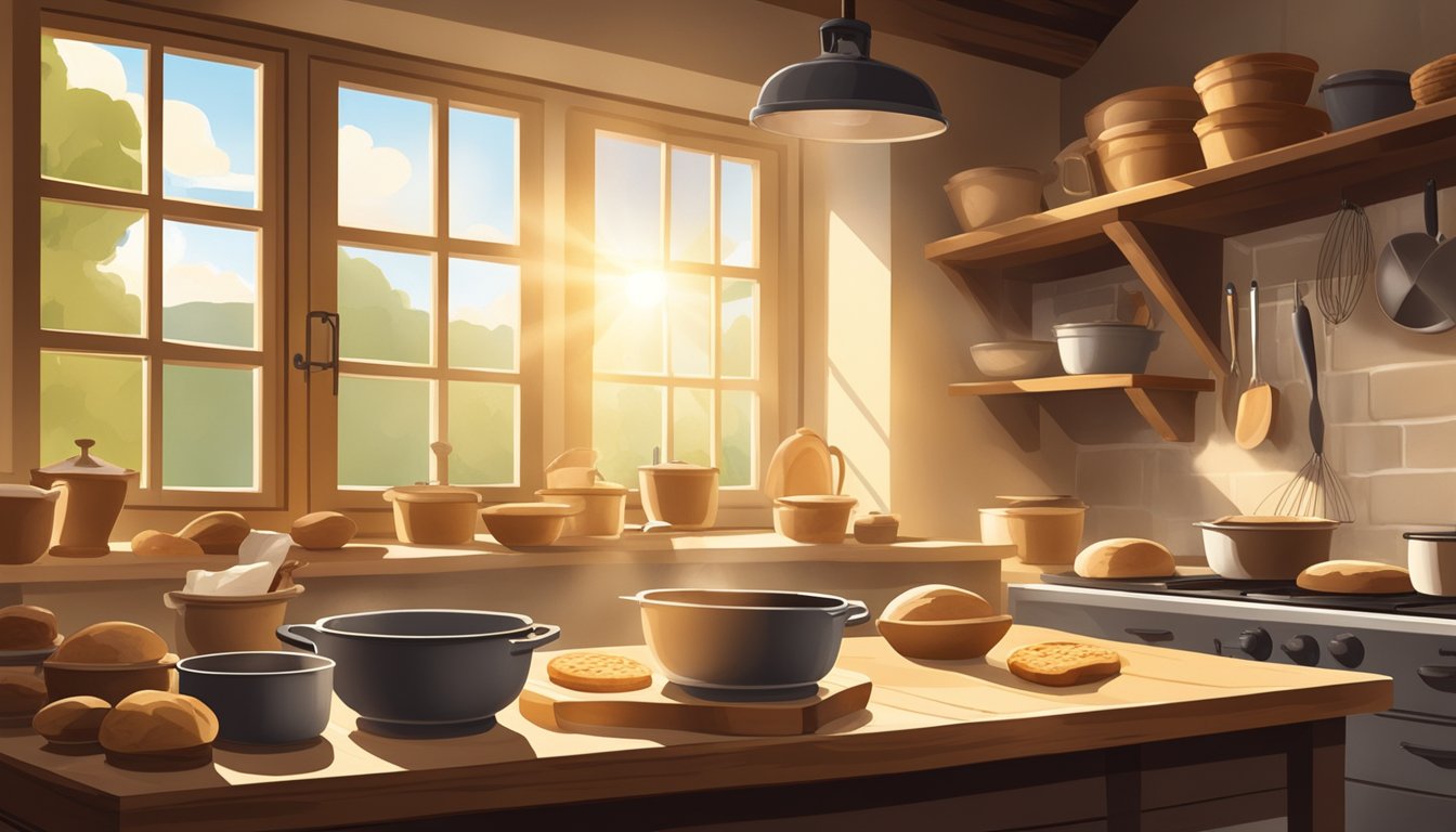 A rustic kitchen with a wooden table holding various sourdough baking equipment, including a mixing bowl, dough scraper, proofing baskets, and a Dutch oven. Sunlight streams through the window, casting warm shadows on the scene