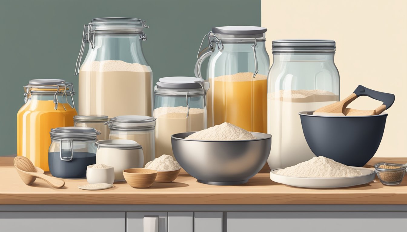 A kitchen counter with jars of sourdough starter, mixing bowls, measuring cups, and various baking tools scattered around