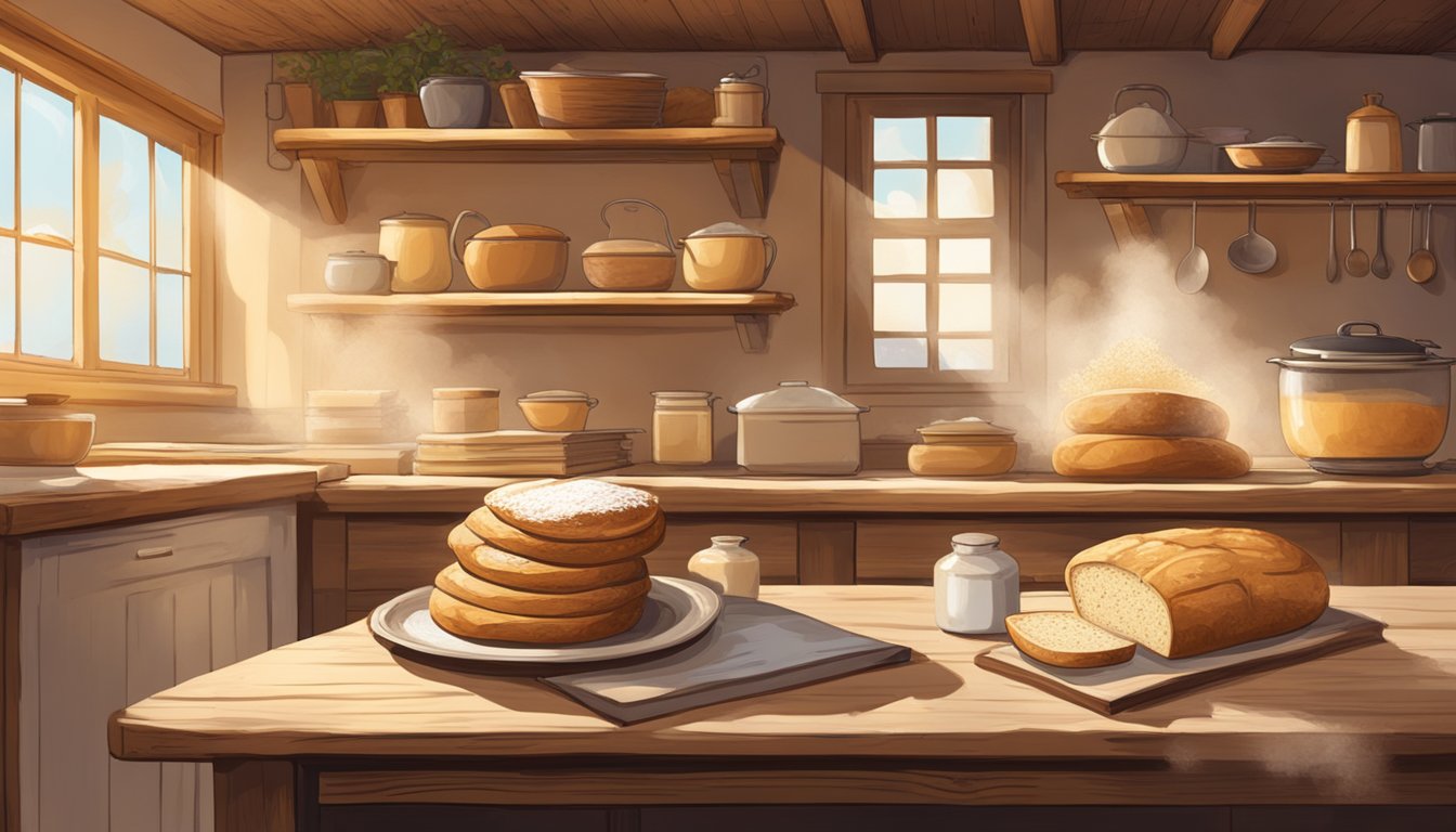 A rustic kitchen with a warm, golden glow. A wooden table is covered in flour, a bowl of bubbling sourdough starter, and a stack of well-worn bread books