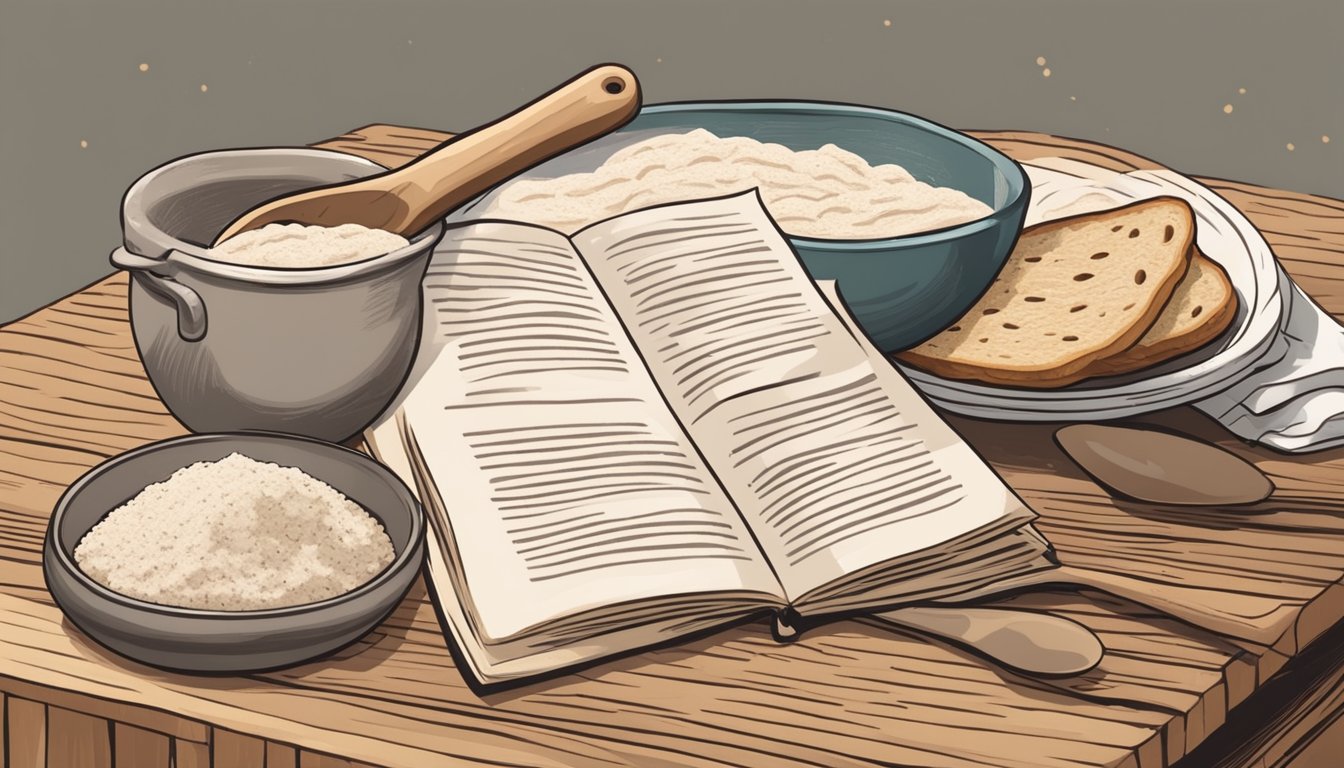 A rustic kitchen table with a bowl of bubbling sourdough starter, a wooden spoon, and a flour-dusted recipe book open to a page on sourdough baking