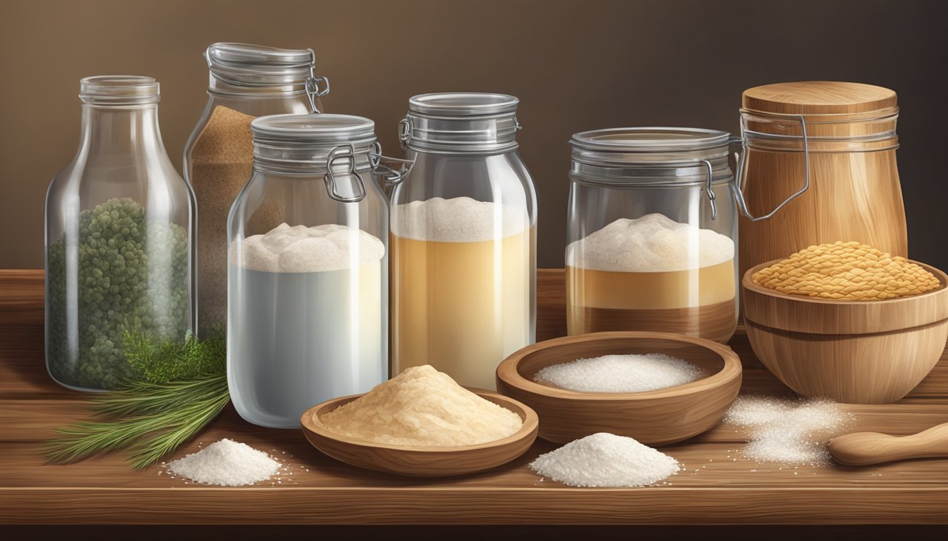 A rustic wooden table adorned with various ingredients for sourdough baking, including flour, water, and a bubbling starter culture in a glass jar