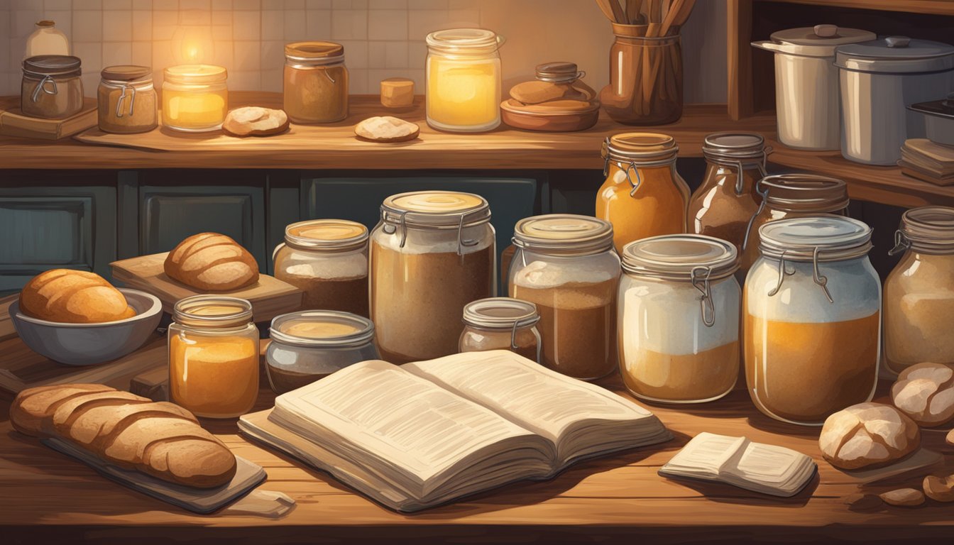 A rustic kitchen table with assorted jars of sourdough starters and leavening agents, surrounded by vintage cookbooks and a warm, inviting glow from the oven