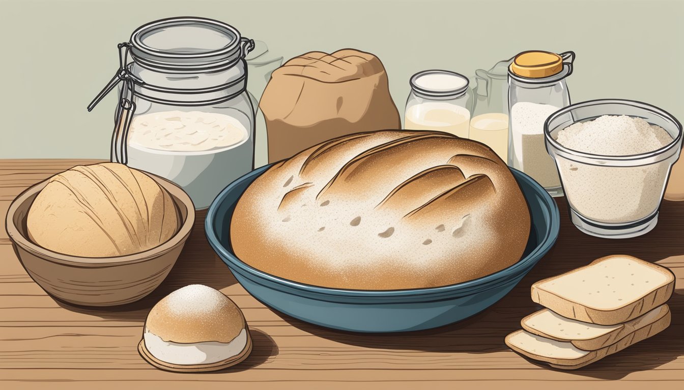 A table with various ingredients - flour, water, salt, and sourdough starter. A bowl of active sourdough starter sits next to a freshly baked bread bowl