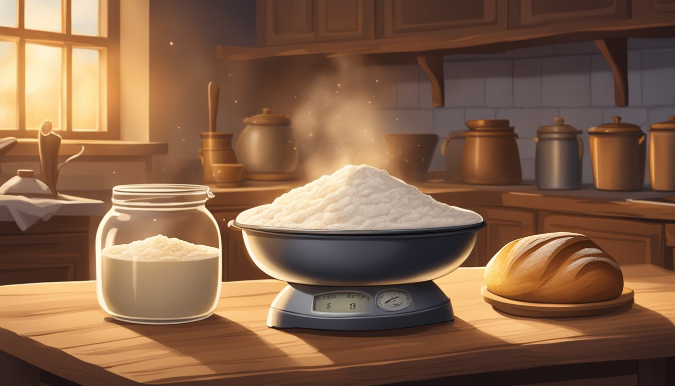 A rustic kitchen with a wooden table covered in flour, a glass jar of bubbling sourdough starter, and a baker's scale. A warm oven emits a golden glow in the background