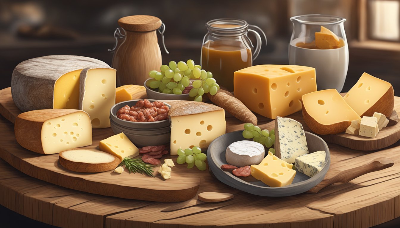 A rustic wooden table with a variety of cheeses, meats, and spreads displayed alongside freshly baked sourdough bread bowls