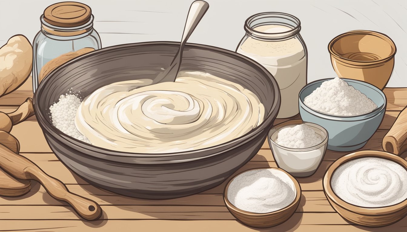 A rustic kitchen table scattered with flour, a glass jar of bubbling sourdough starter, and a wooden bowl filled with dough being kneaded