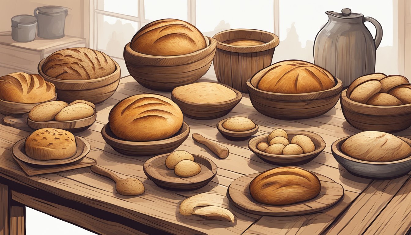 A rustic wooden table with various sourdough bread bowls in different shapes and sizes, some freshly baked and others in the process of rising