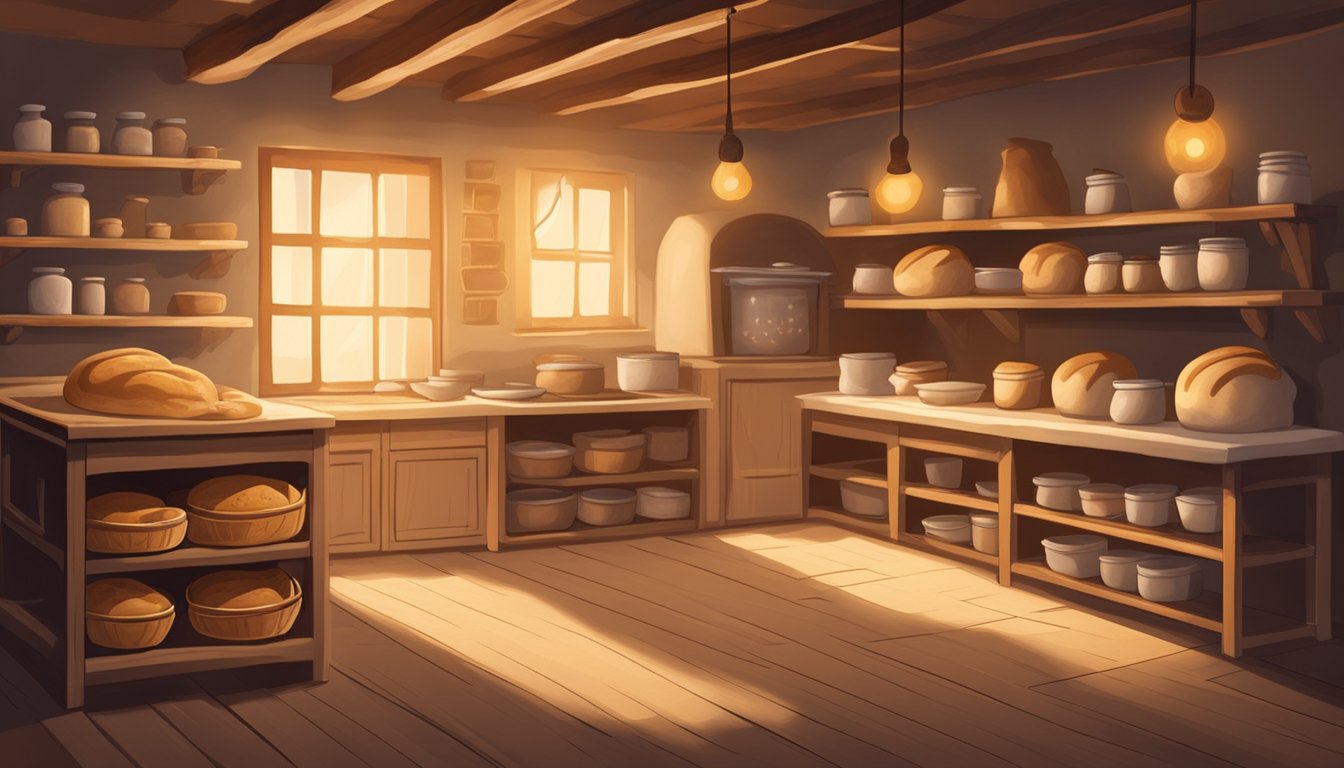 A rustic kitchen with shelves of sourdough loaves, jars of starter, and a baker's table covered in flour and dough. The warm glow of the oven adds a cozy ambiance