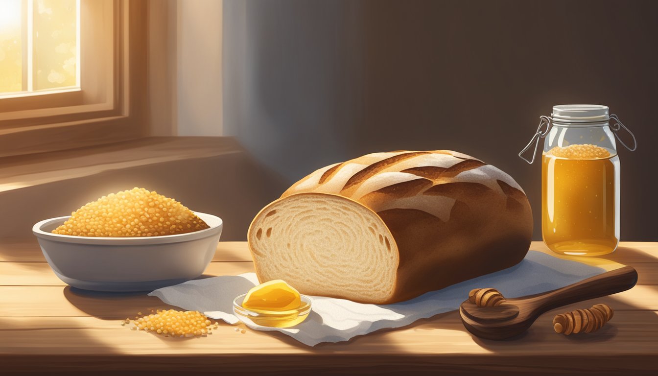 A rustic loaf of sourdough sits on a wooden cutting board, surrounded by scattered grains and a jar of honey. Sunlight filters through a nearby window, casting warm shadows across the scene