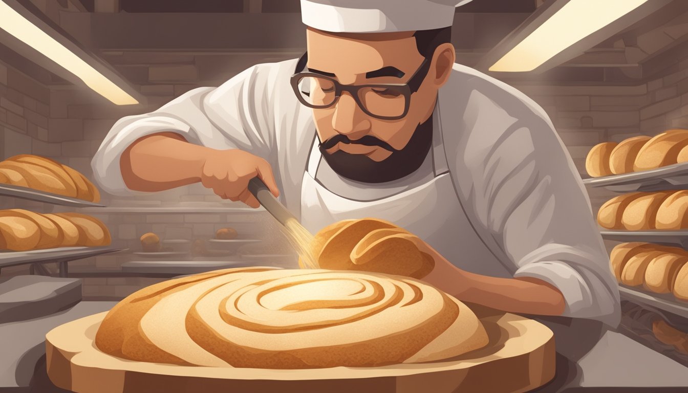 A baker carefully carves out the center of a sourdough bread loaf, creating a hollow bowl shape. The crust is golden and the interior is soft and fluffy