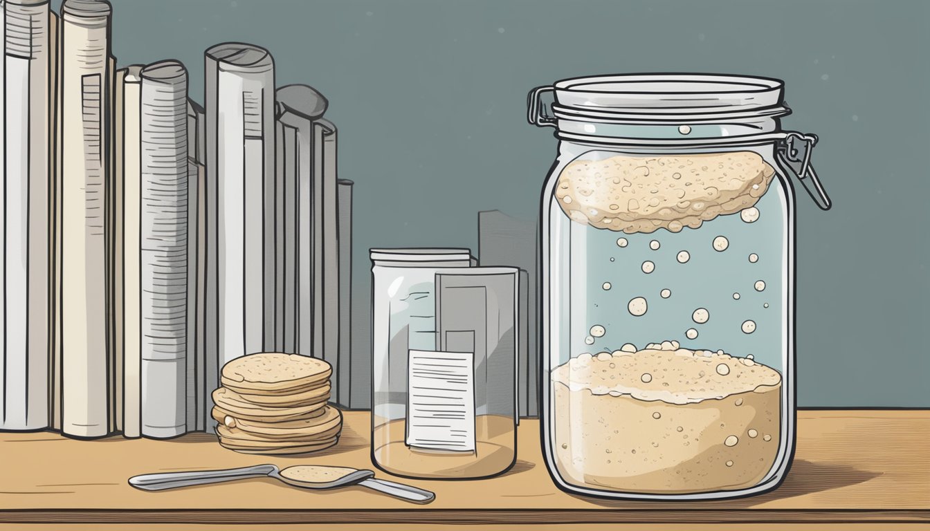 A bubbling sourdough starter sits in a glass jar next to a stack of scientific literature on microbial ecology and fermentation time