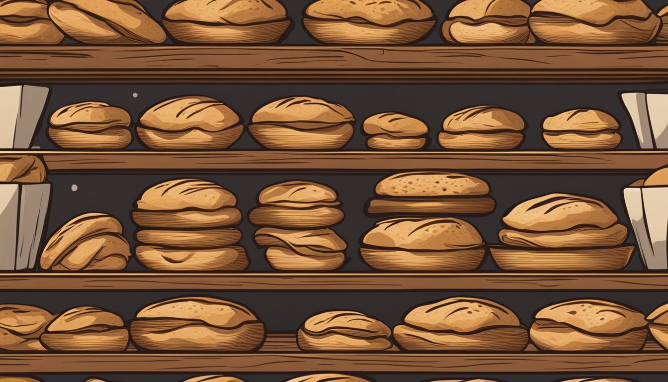 Sourdough bread bowls stacked neatly on wooden shelves in a cool, dimly lit pantry