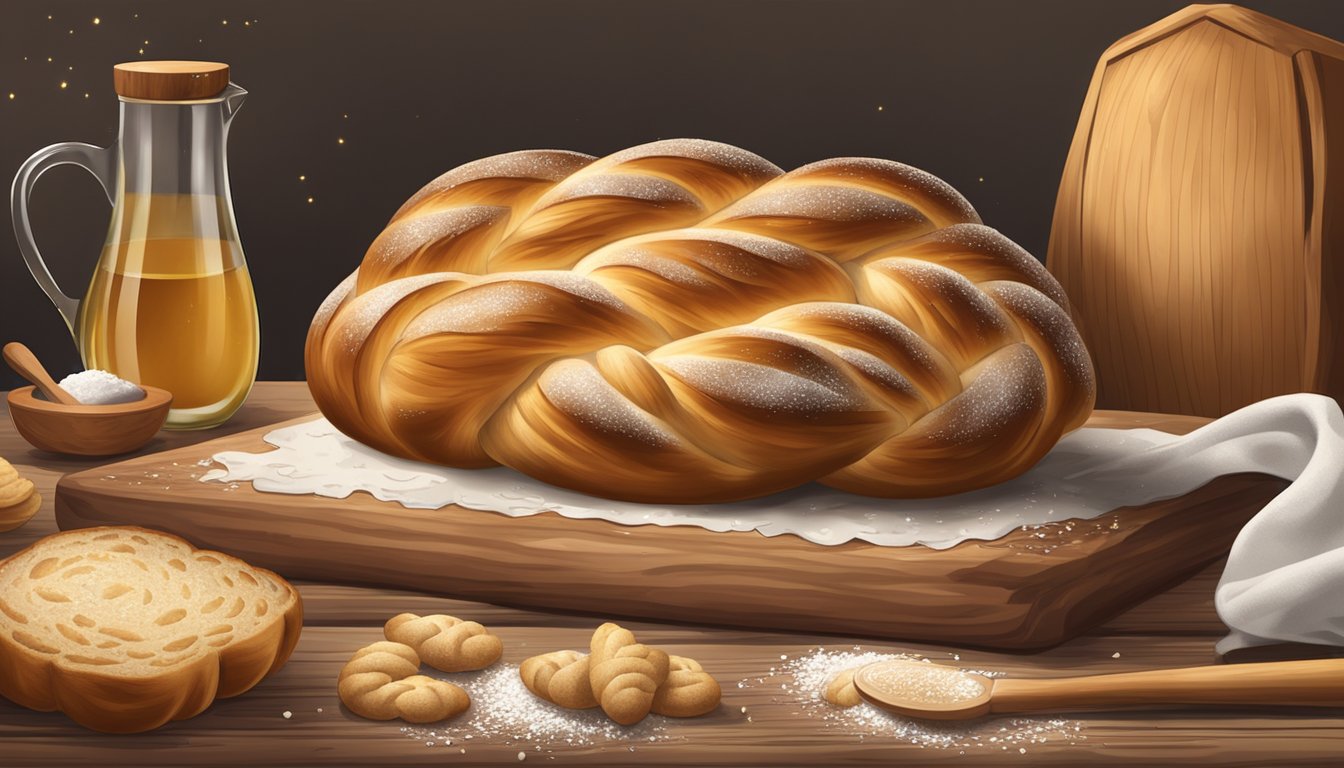 A rustic wooden table with a braided loaf of golden sourdough challah, surrounded by scattered flour and a vintage rolling pin