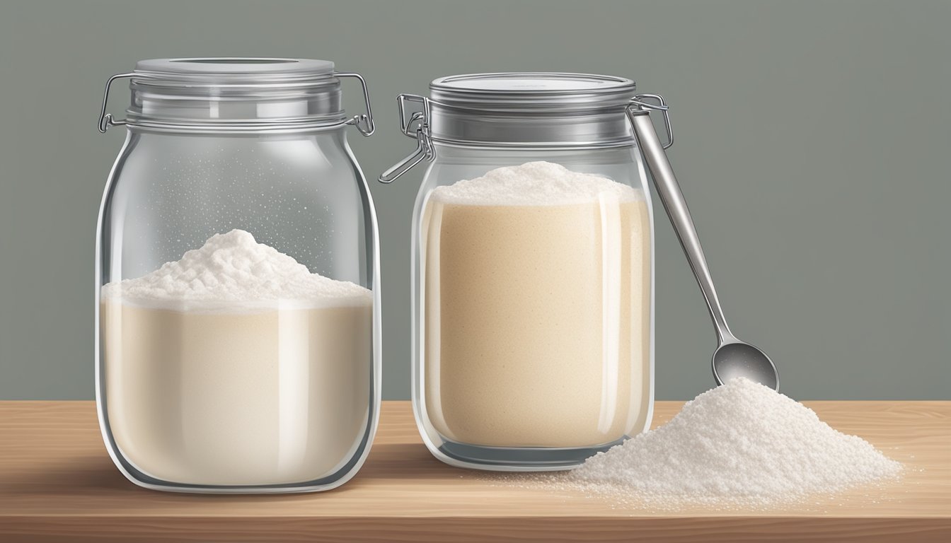 A bubbling sourdough starter in a glass jar, with a layer of frothy bubbles on top, surrounded by flour and a measuring spoon