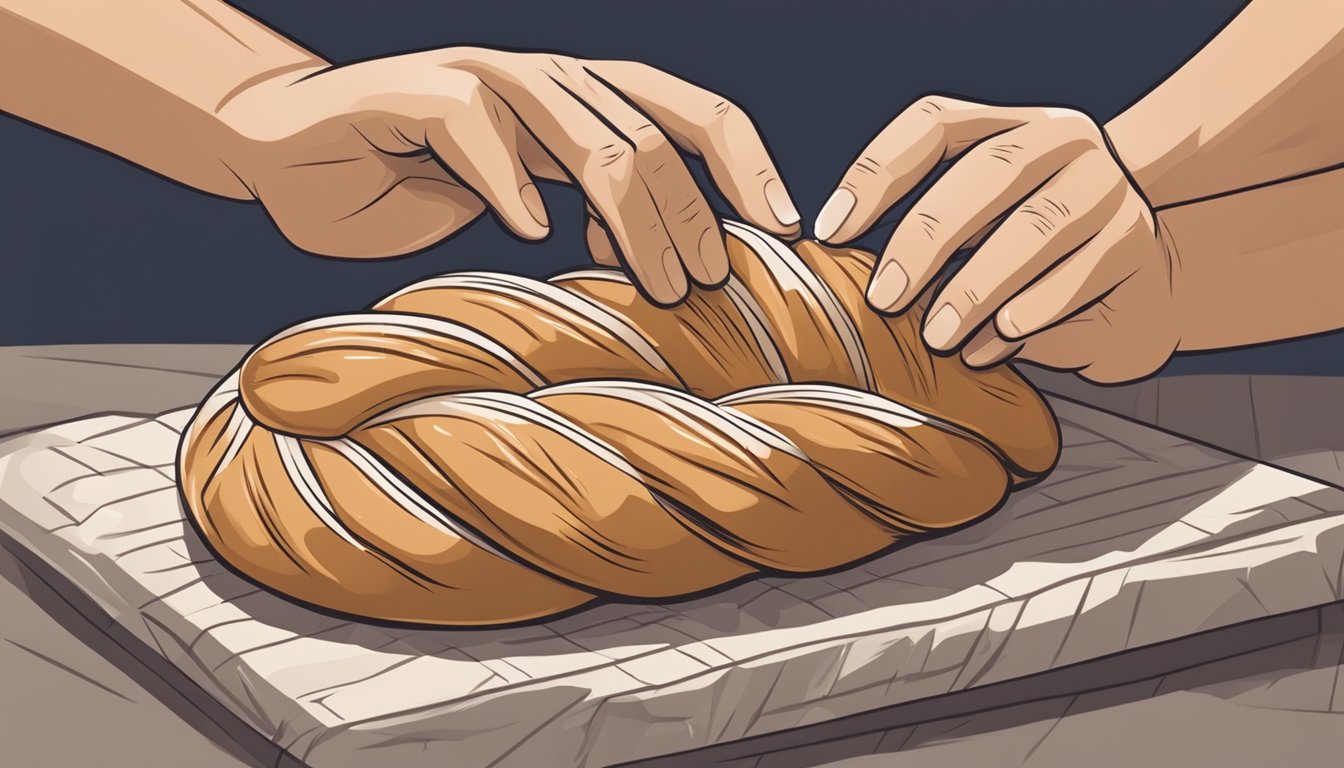 A pair of hands shaping and braiding a sourdough challah loaf with precision and care