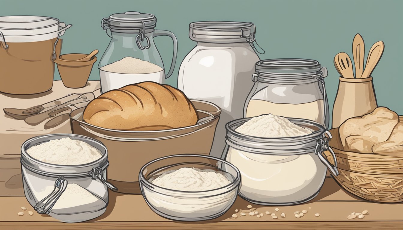 A kitchen counter cluttered with various ingredients and utensils, with a jar of sourdough starter at the center. A mixing bowl and a bag of flour sit nearby, as the baker troubleshoots their sourdough