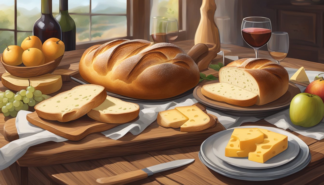 A rustic wooden table with a freshly baked sourdough challah loaf, surrounded by a variety of cheese, fruit, and wine glasses