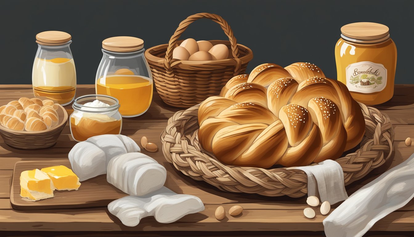 A rustic wooden table displaying a braided sourdough challah loaf surrounded by jars of flour, honey, and a basket of fresh eggs