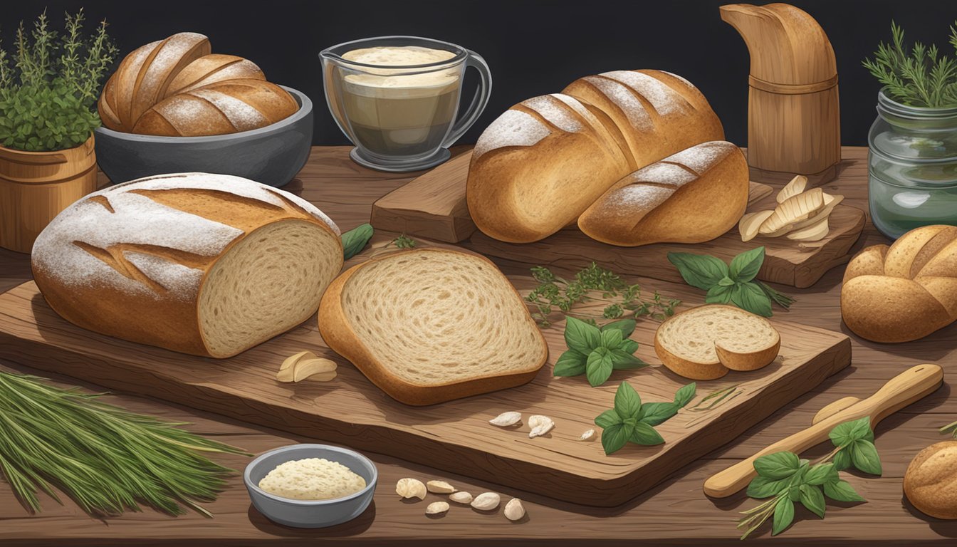 A rustic wooden table with fresh sourdough bread, a variety of seasonal herbs, and a baker's tools scattered about