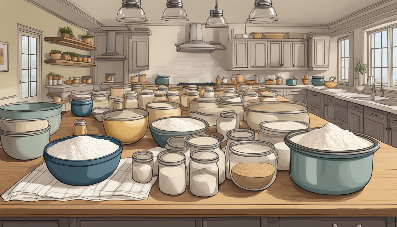 A large table filled with bowls of flour, jars of starter, and measuring cups, surrounded by eager bakers prepping for a sourdough baking marathon