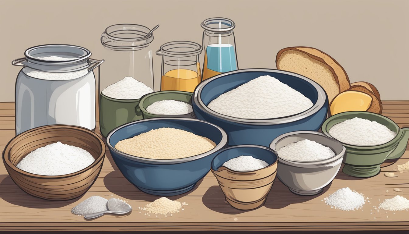 A table filled with bowls, flour, water, and sourdough starter. Measuring cups and spoons scattered around. Baking trays and a rolling pin ready for use