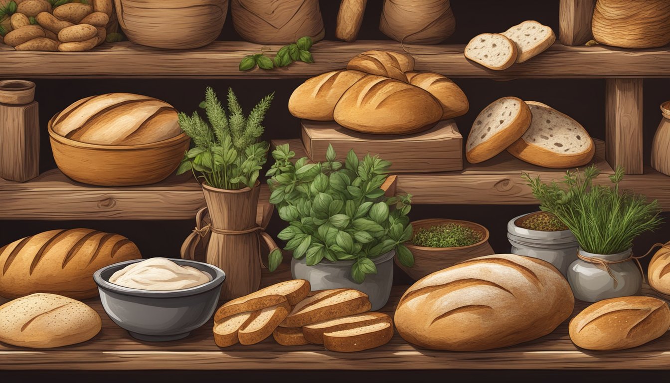 A rustic wooden table adorned with various types of sourdough bread, surrounded by an assortment of fresh seasonal herbs