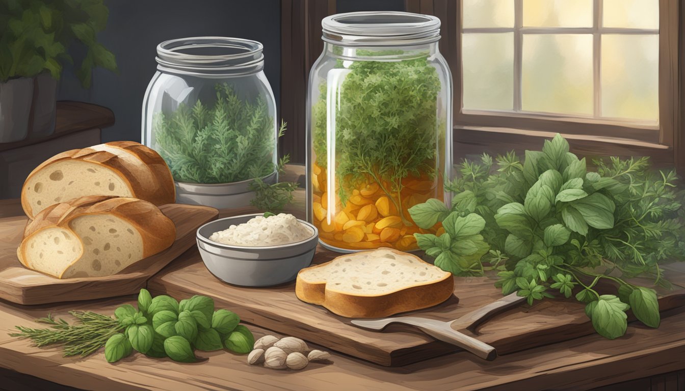 A rustic wooden table with a glass jar of sourdough discard and a variety of fresh seasonal herbs scattered around it