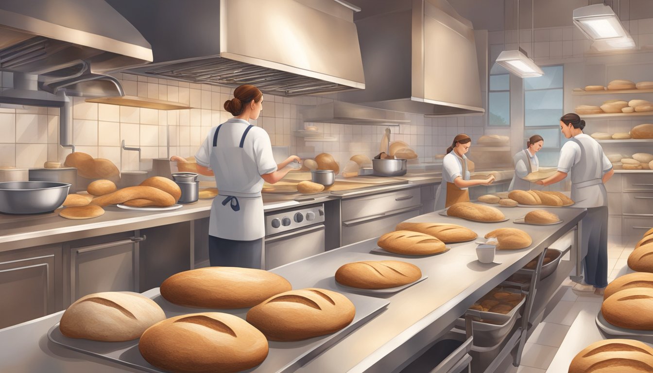 A bustling kitchen with multiple workstations, each kneading, shaping, and baking sourdough loaves. The air is filled with the warm, yeasty aroma of freshly baked bread