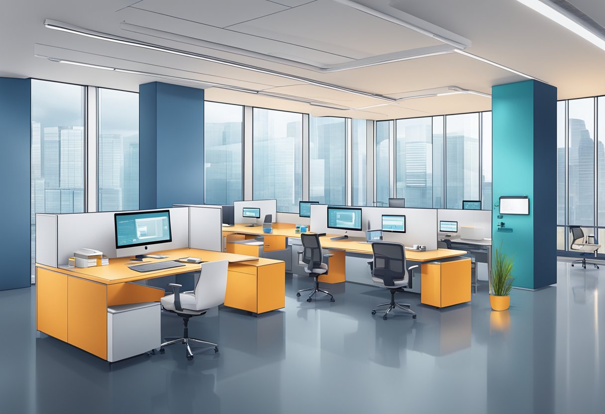 A modern office space with sleek, futuristic loan origination technology and streamlined processes in action, showcasing efficiency and operational excellence