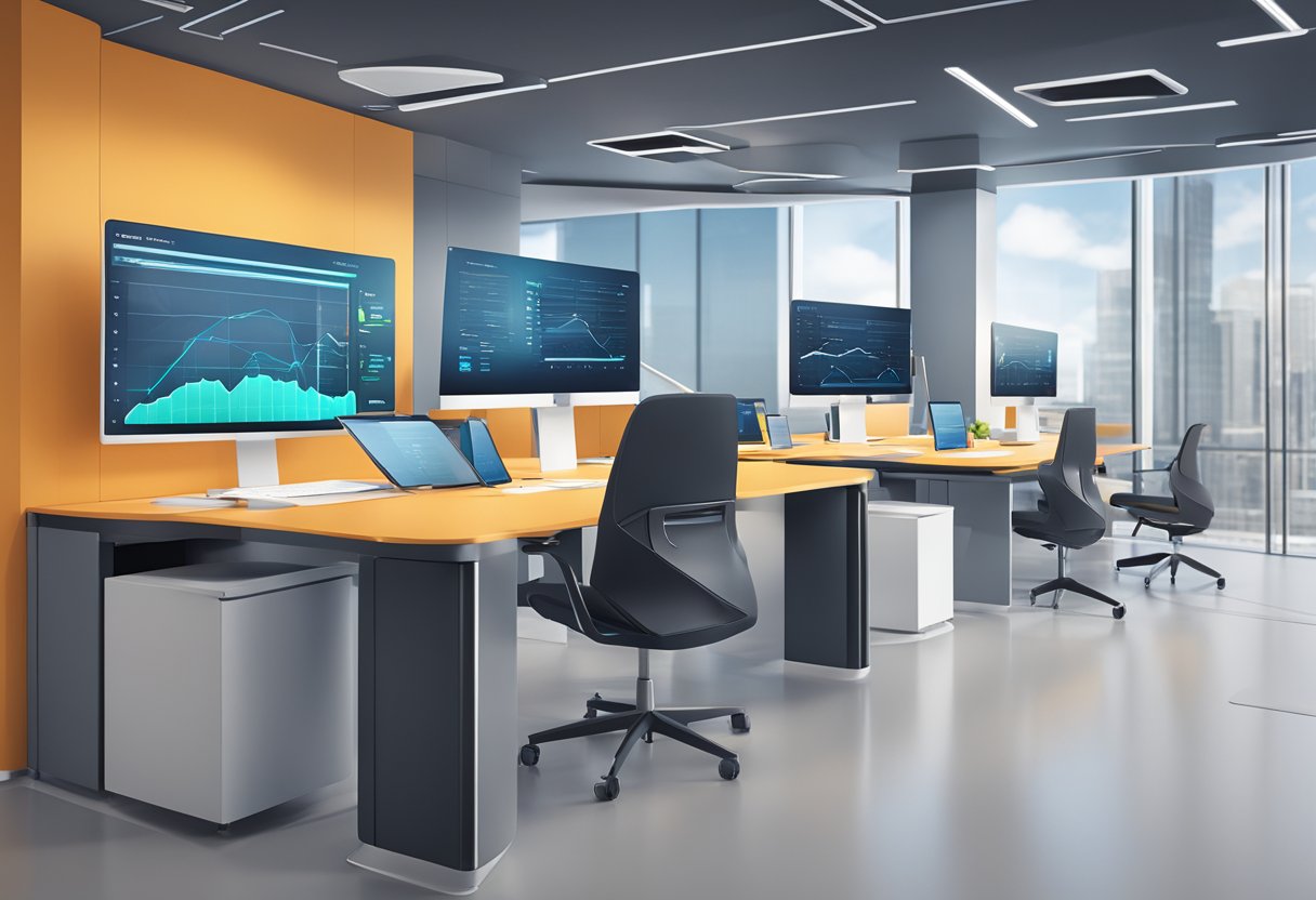 A sleek, futuristic office space with advanced technology and data visualizations, showcasing the streamlined loan origination process of Nexys