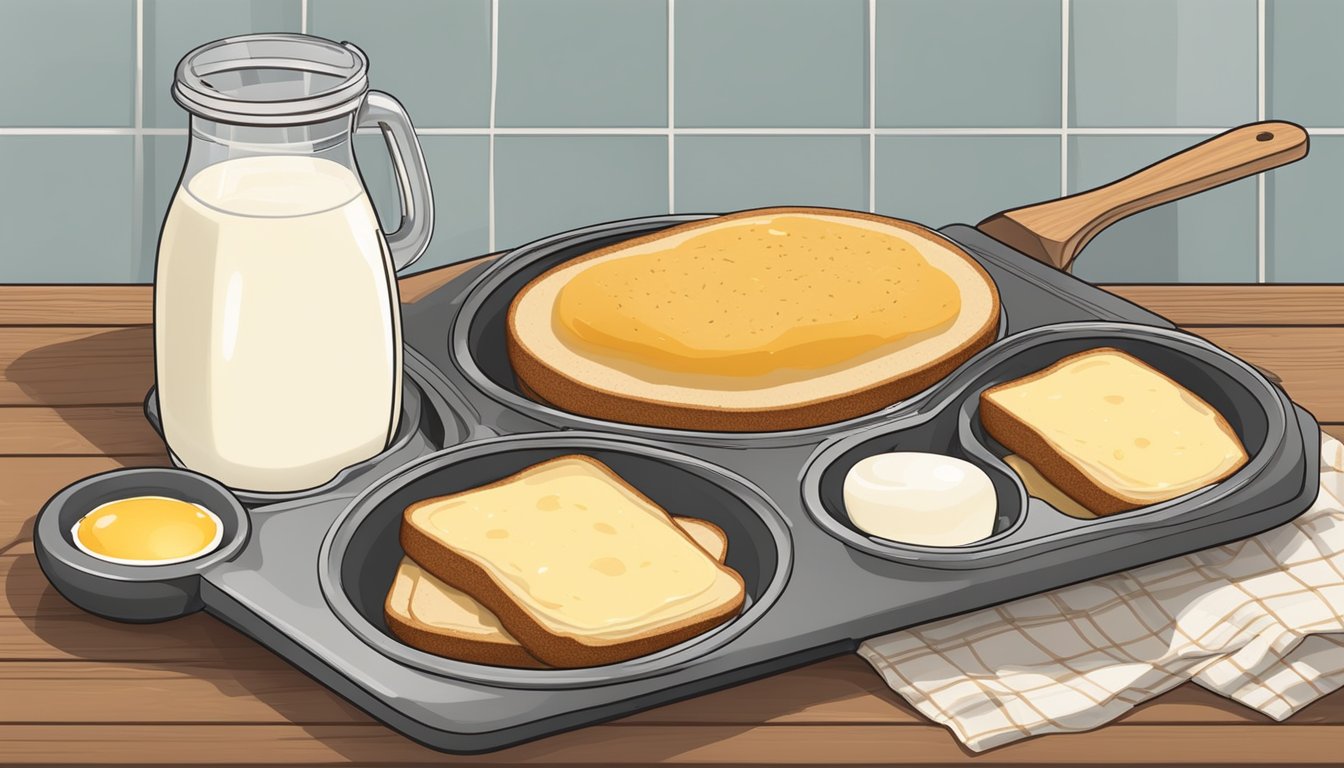 Slices of sourdough bread soaking in a mixture of eggs, milk, and vanilla, ready to be cooked on a sizzling griddle