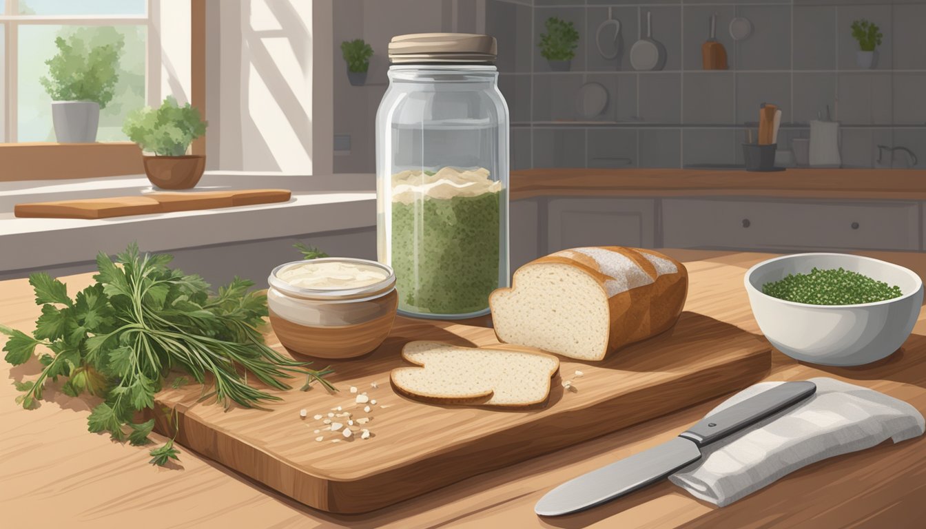 A wooden cutting board with a knife, a mixing bowl, a jar of sourdough starter, and fresh seasonal herbs on a kitchen counter